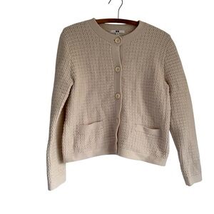Uniqlo Textured Knit Button Down Sweater Mid Cropped Pockets Cream  Size Medium